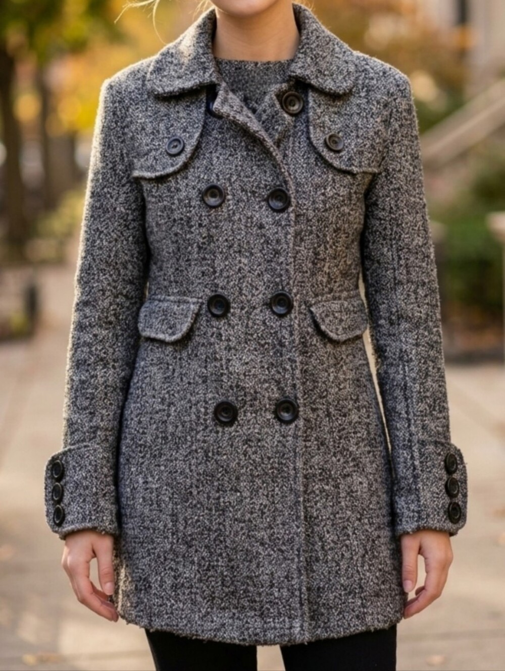 A.Buyer Gray Tweed Pea Coat Black Buttons Size Small